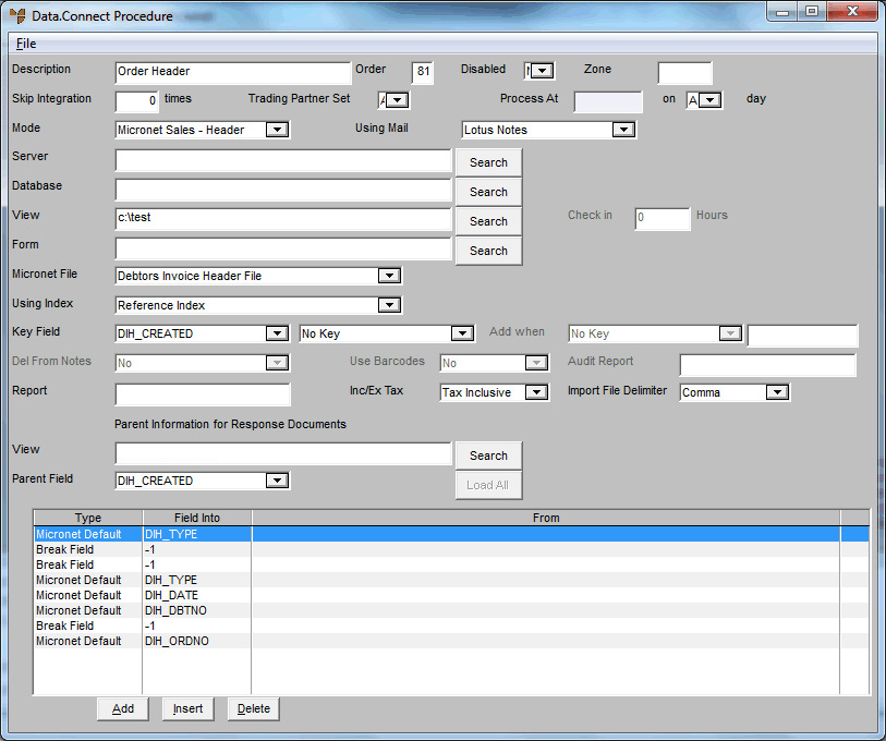 DataConnect CSV file sales order import configuration